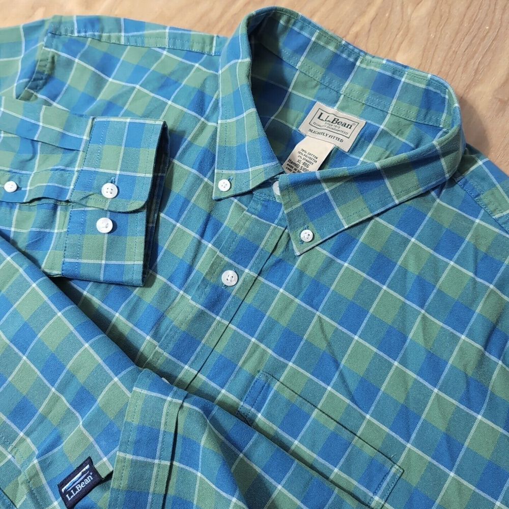 NEW‎ LL Bean Shirt Mens XL Blue Green Plaid Stretch Slightly Fitted Coolmax